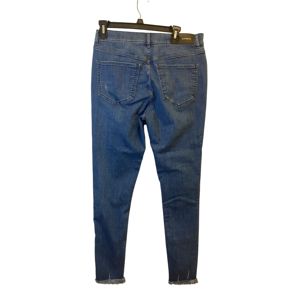 Express Skinny High Rise Hyper Stretch Distressed Jeans Blue Raw Hem Size 8R - Picture 2 of 7